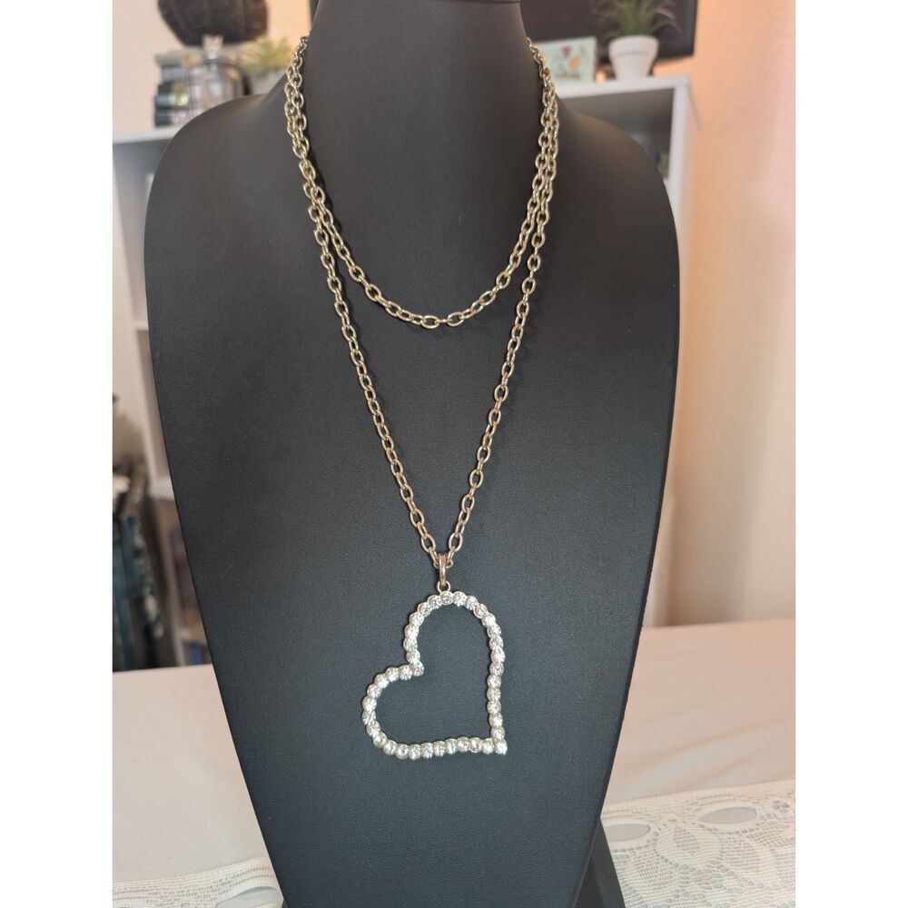 Large Rhinestone Open Heart Pendant Necklace - 44 " Gold Tone Chain
